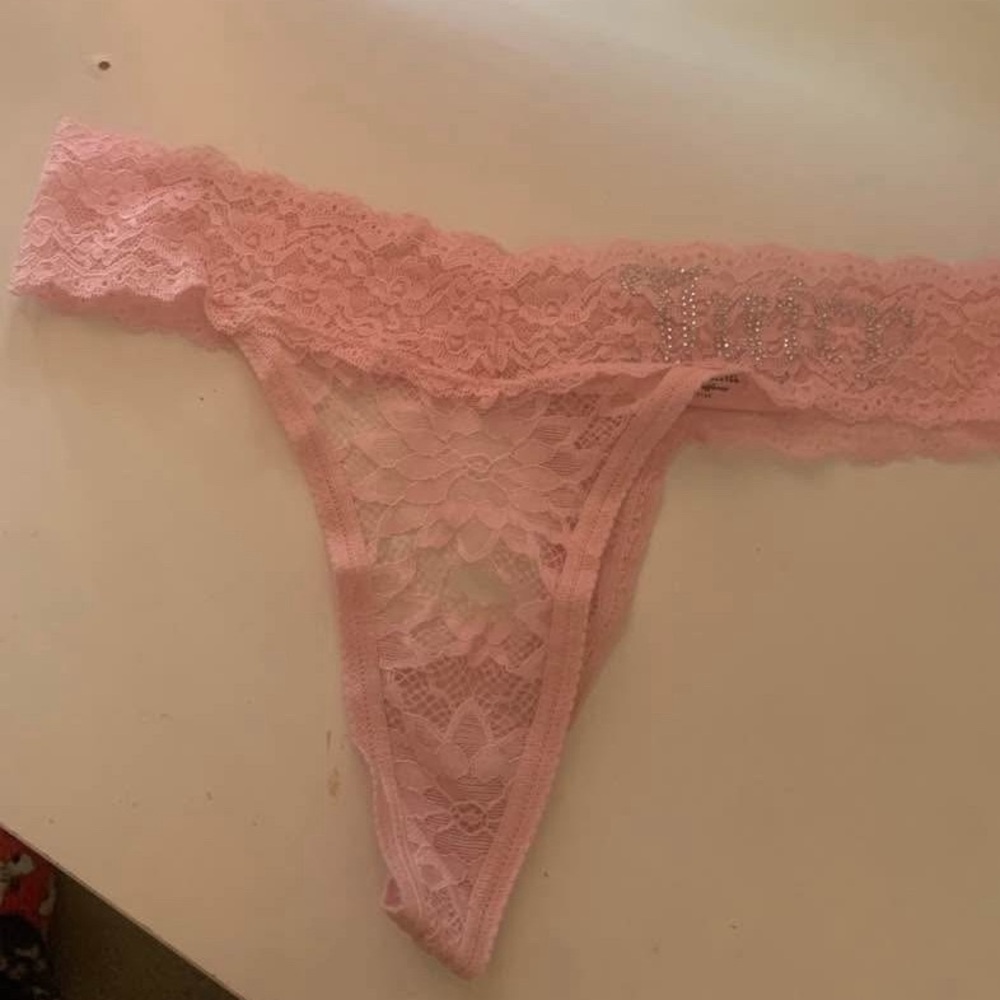 Pink Lace Thong with Rhinestone Detail